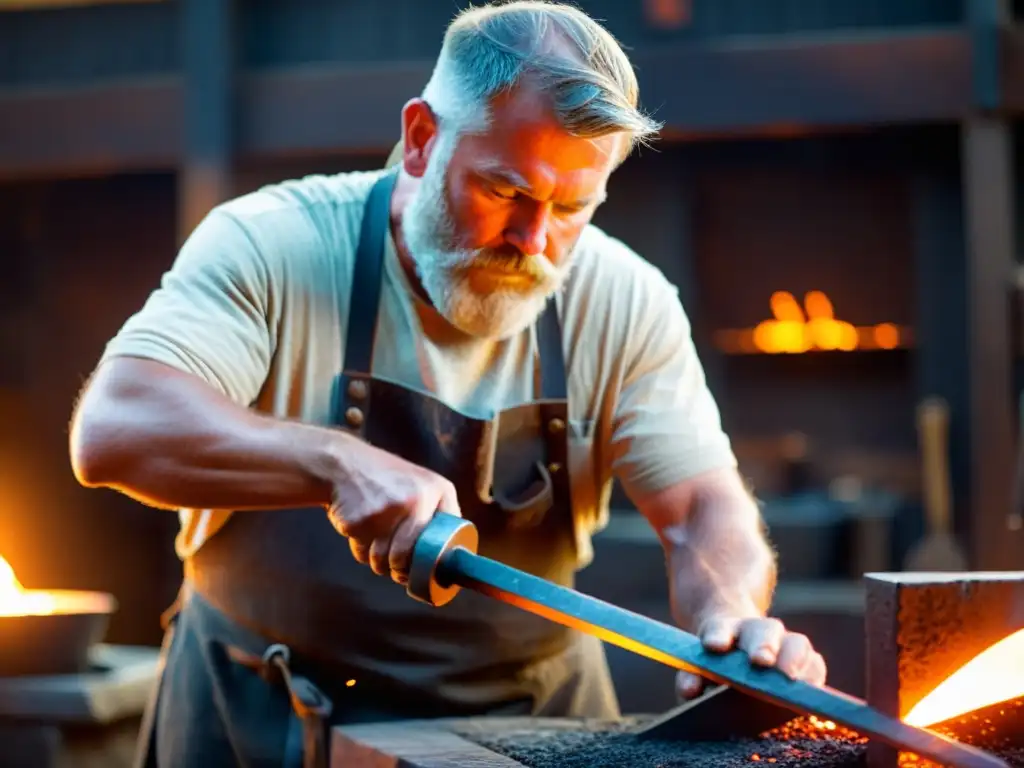 Un hábil herrero forja una réplica de espada vikinga en su taller iluminado por el resplandor de la fragua