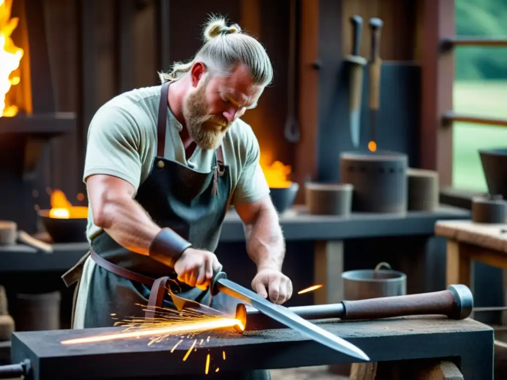 Un hábil herrero forja una réplica exacta espada vikinga en una fragua tradicional