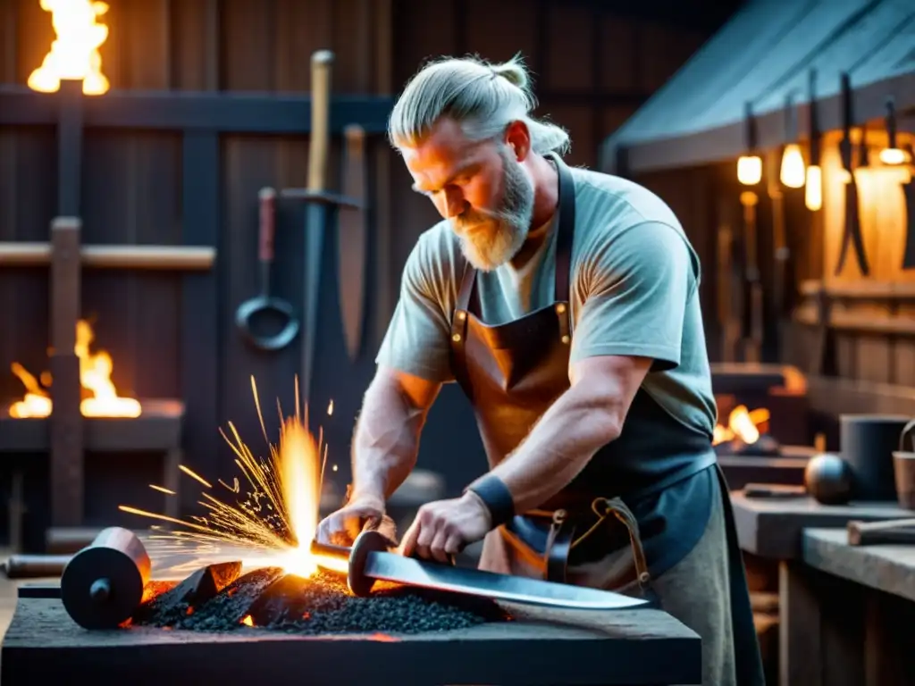 Un hábil herrero forja una réplica de una famosa espada vikinga en su taller iluminado por brasas ardientes y herramientas tradicionales