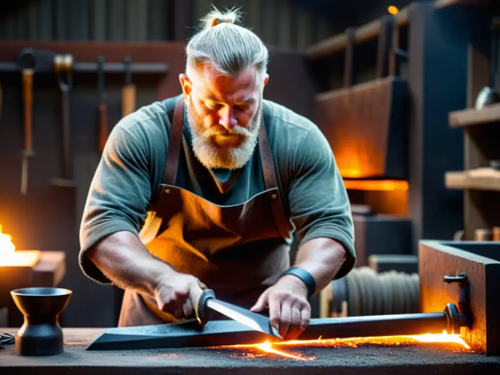 Un hábil herrero crea réplicas de armas vikingas auténticas en su taller iluminado por la forja