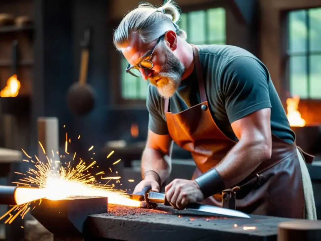 Un hábil herrero forja réplicas de armas vikingas auténticas en su taller oscuro