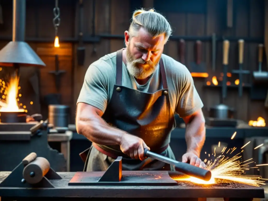 Un hábil herrero forja réplicas auténticas armaduras batalla vikingas en su taller iluminado por el resplandor del metal caliente y chispas volando