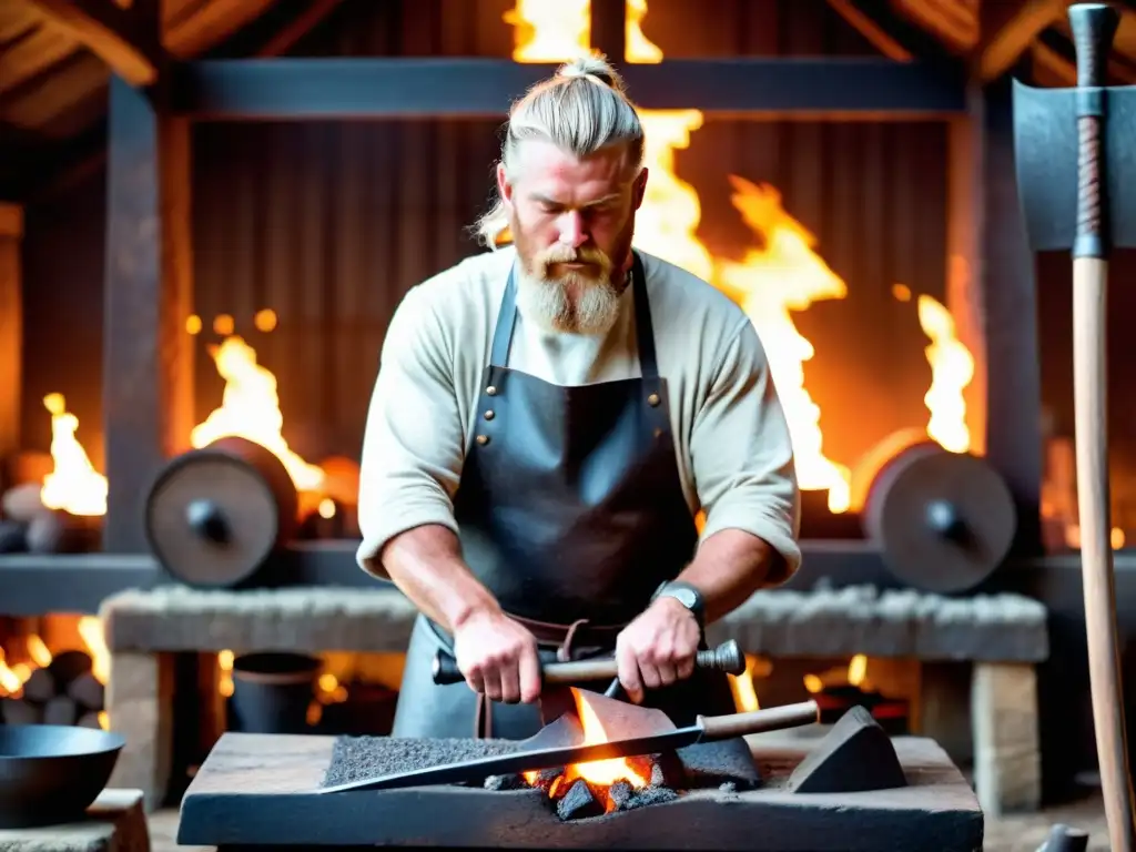 Un hábil herrero crea réplicas de espadas vikingas en una forja tradicional, rodeado de carbones incandescentes y herramientas antiguas