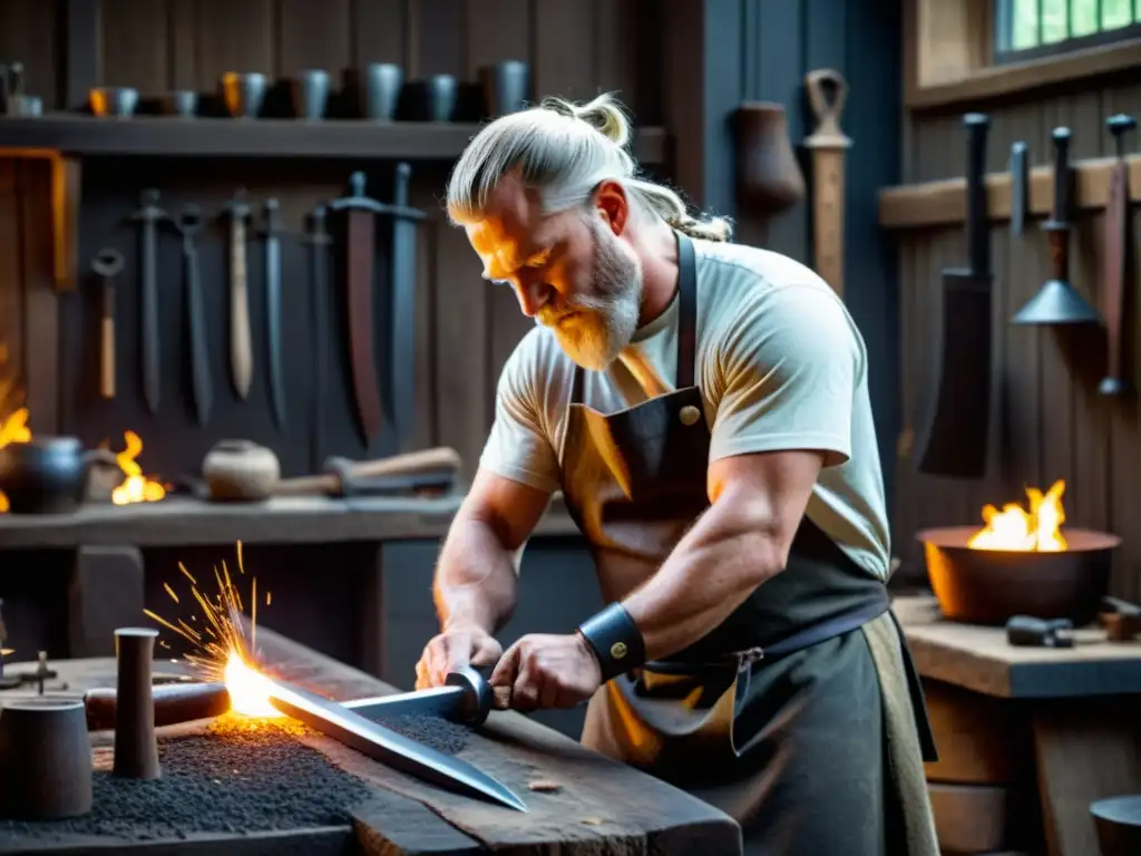 Un hábil herrero forja réplicas de espadas vikingas famosas en su taller rústico iluminado por brasas incandescentes