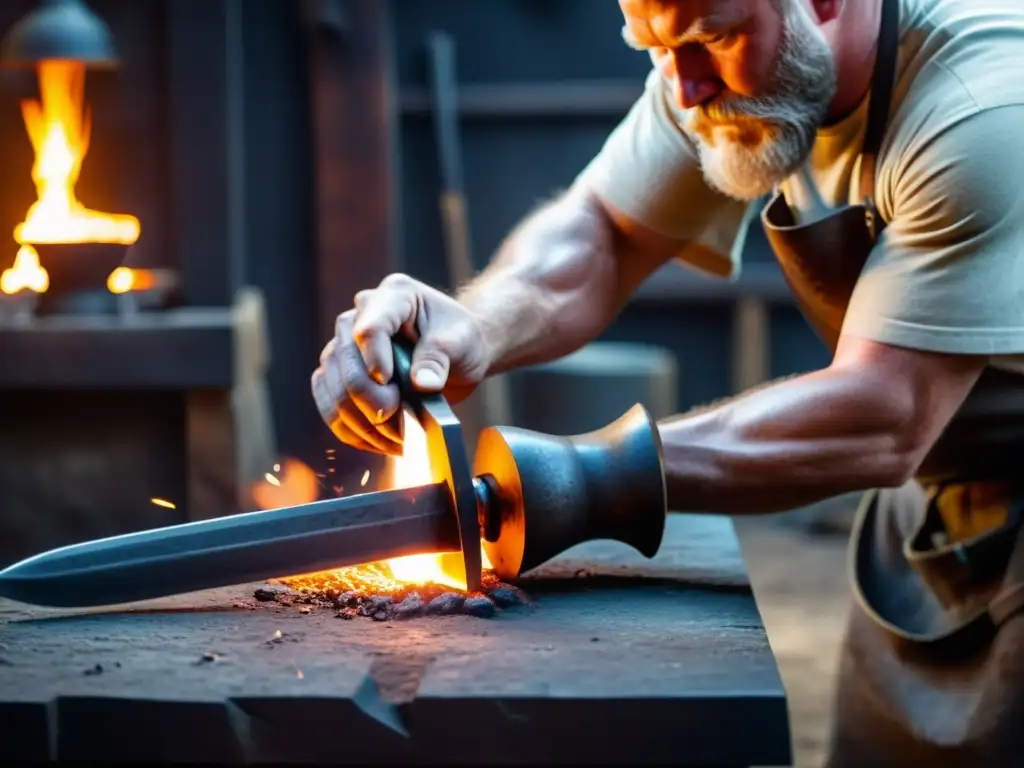 Un hábil herrero forja réplicas de espadas vikingas en su taller tradicional, mostrando el intenso proceso de creación