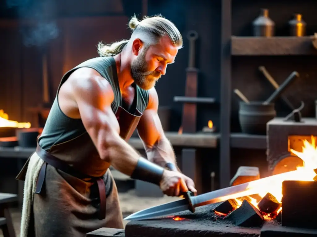 Un hábil herrero forja réplicas exactas de espadas vikingas en su taller, iluminado por el fuego y rodeado de herramientas antiguas