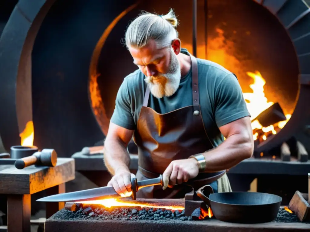 Un hábil herrero forja réplicas exactas de espadas vikingas en su fragua iluminada por el intenso calor, demostrando dedicación y maestría en su arte