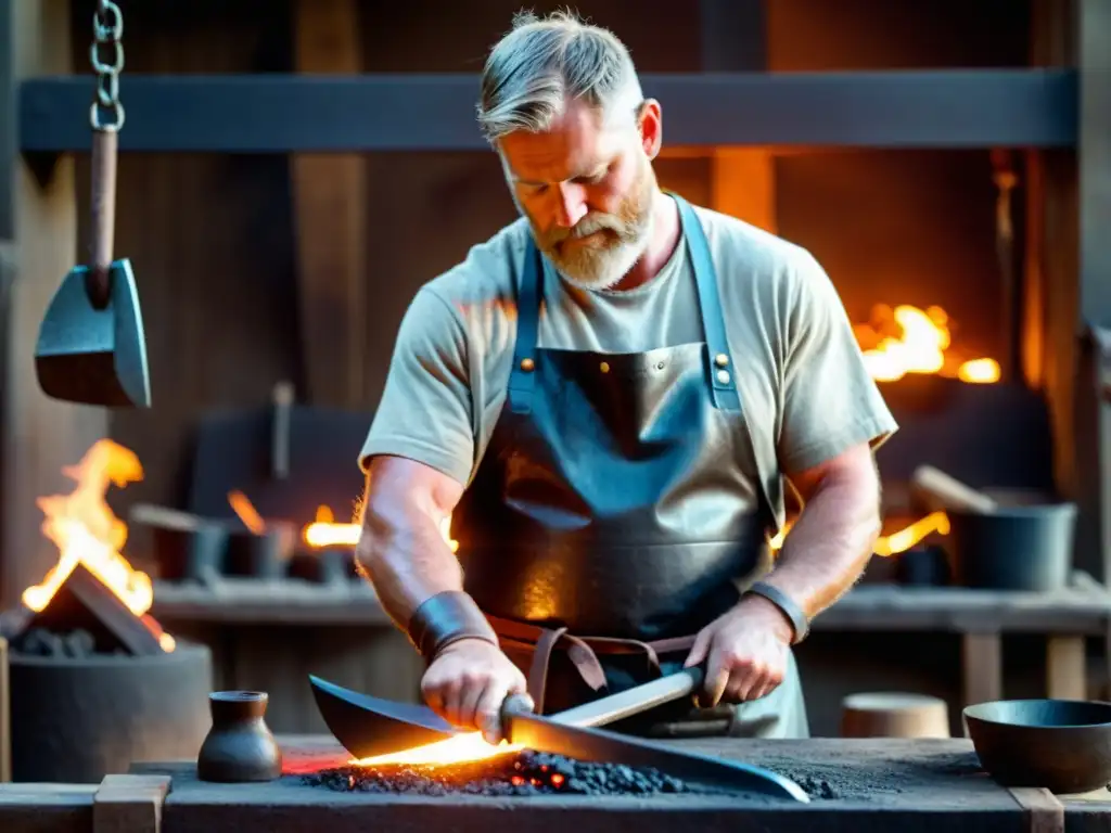 Un hábil herrero forja réplicas hachas vikingas de acero en su taller iluminado por brasas incandescentes