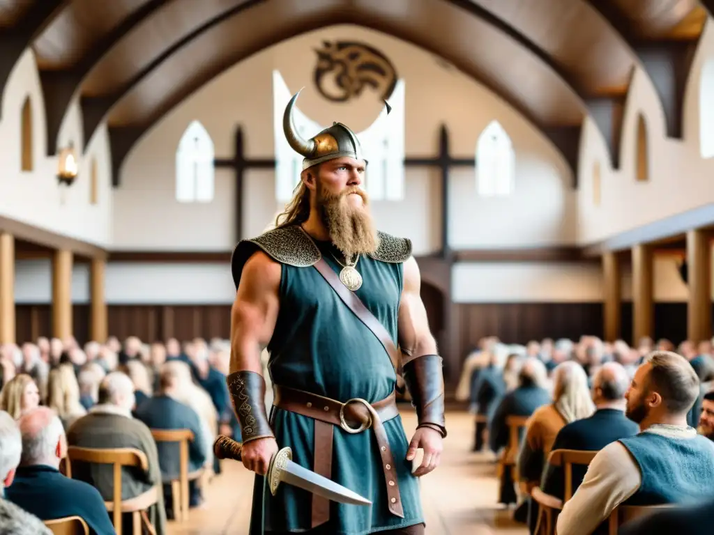 Un hábil skald vikingo cautiva a su audiencia en un gran salón con poesía y oratoria