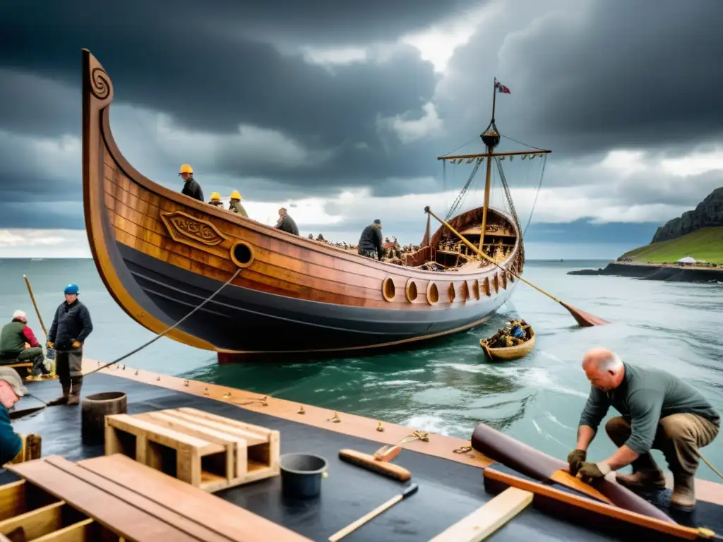 Hábiles artesanos trabajan en los astilleros vikingos, tallando y construyendo barcos bajo un cielo dramático lleno de nubes grises