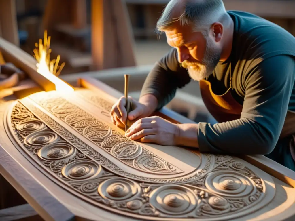 Hábiles artesanos tallando diseños en réplica de barco vikingo en festival