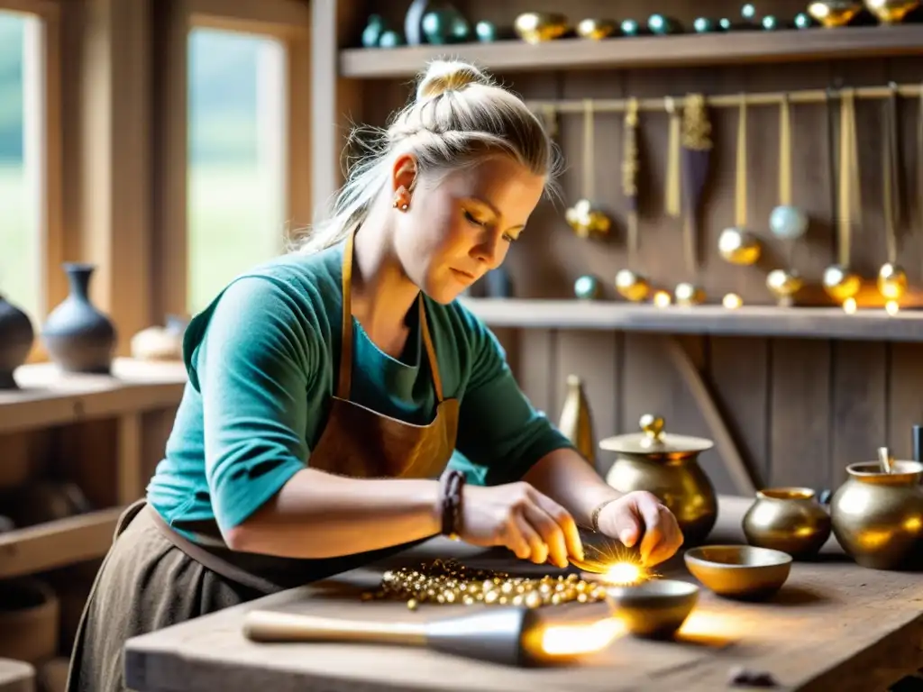 Hábiles artesanos elaborando joyas vikingas con herramientas antiguas en un taller tradicional