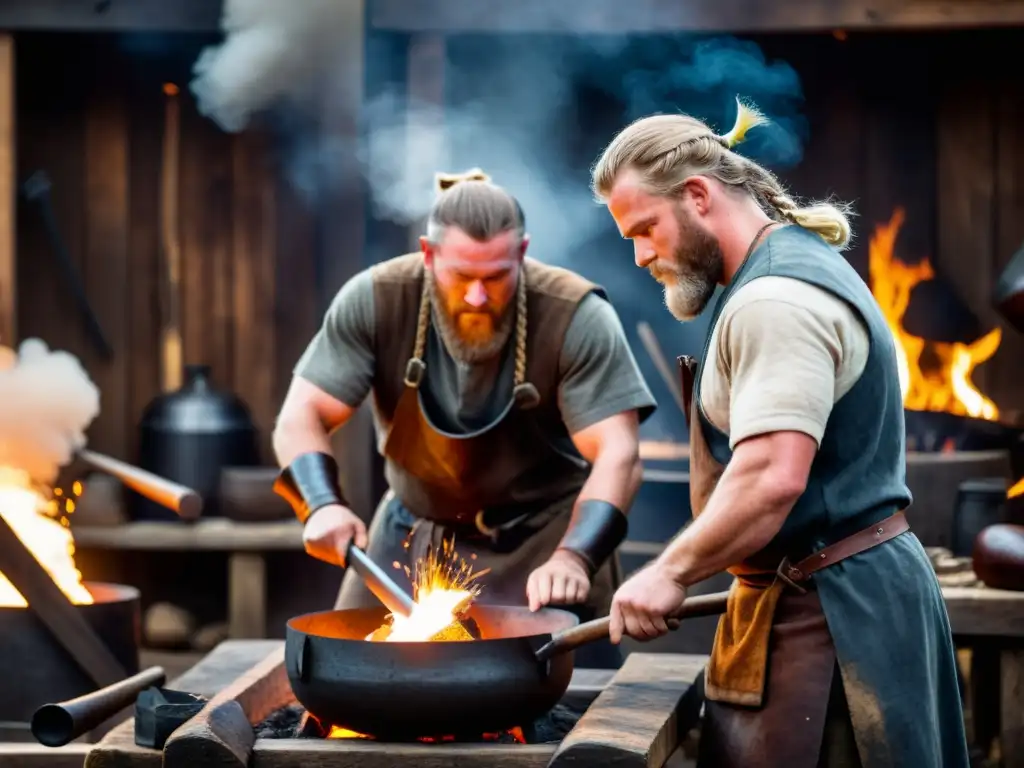 Hábiles herreros vikingos forjando armas en una demostración de recreación vikinga