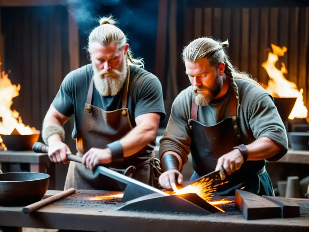 Hábiles herreros vikingos forjando armas en una fragua, en una escena detallada que refleja la metalurgia vikinga en tierras cristianas