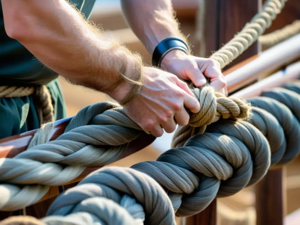 Maestría en nudos vikingos para construir barcos legendarios Hábiles manos vikingas anudando cuerdas en barco: tradición y precisión en la construcción naval