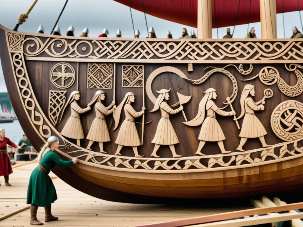 Hábiles mujeres vikingas en la construcción naval de un drakkar al atardecer