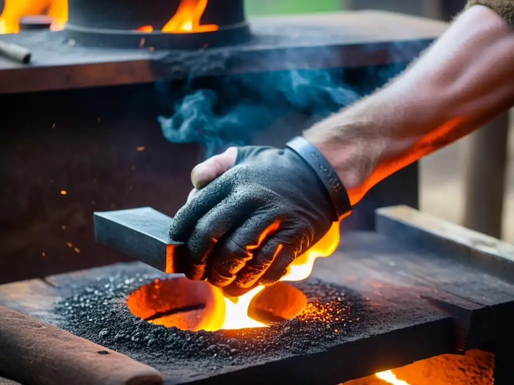 La habilidad del herrero al forjar un amuleto vikingo, rodeado de fuego y sudor en su taller