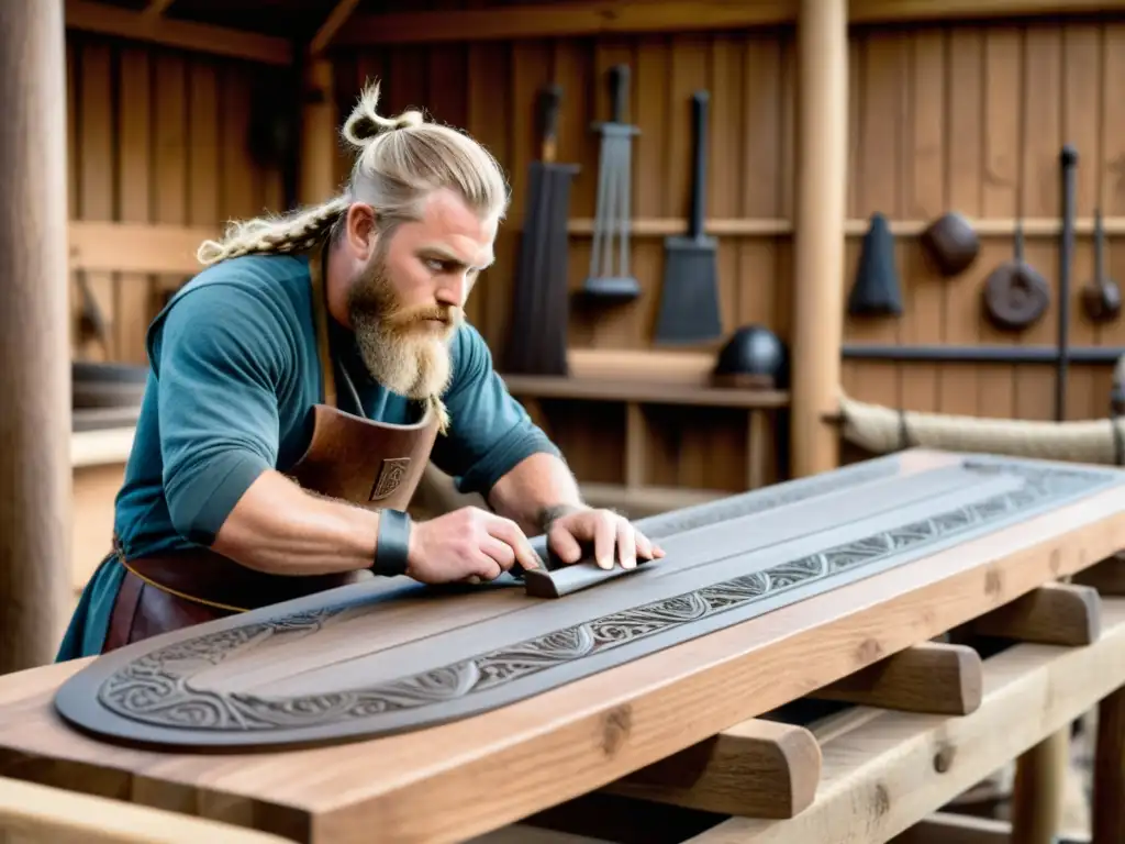 Artesano Vikingo Tallando un Barco con Detalles Habilidoso constructor de barcos vikingos talla detalles en roble rodeado de materiales de construcción en un astillero bullicioso