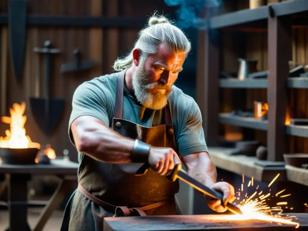 Habilidoso herrero forjando réplicas espadas vikingas en taller oscuro con chispas volando