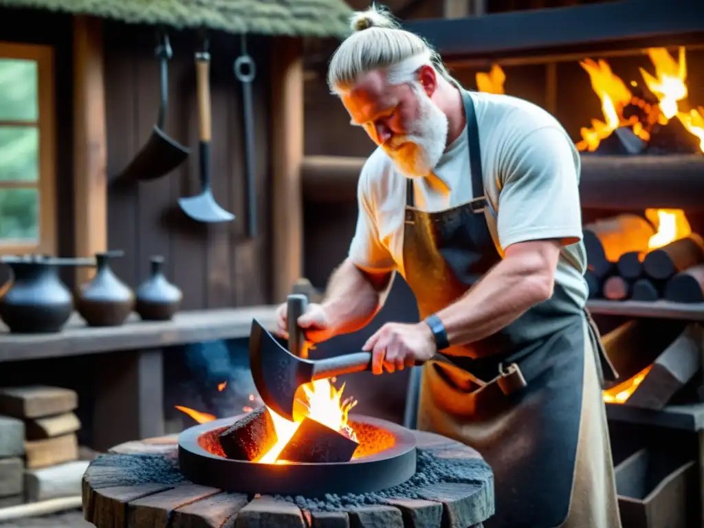 Un habilidoso herrero forja réplicas de hachas vikingas de acero en una fragua nórdica tradicional, rodeado de carbones incandescentes