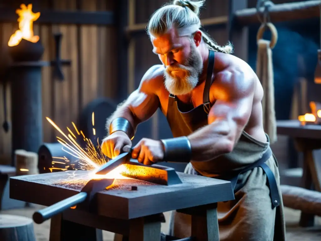 Un habilidoso herrero vikingo forja una espada detallada con técnicas ancestrales de metalurgia vikinga en su taller iluminado por chispas