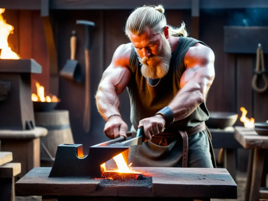 Un habilidoso herrero vikingo martillea hierro al rojo vivo, con chispas volando en su taller rústico