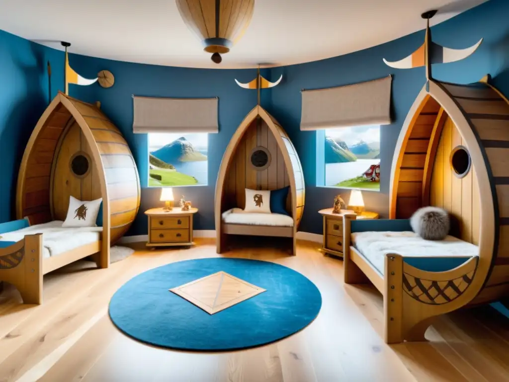 Una habitación infantil decorada al estilo vikingo, con camas en forma de drakkar, escudos y espadas en las paredes, y una nave vikinga en el centro