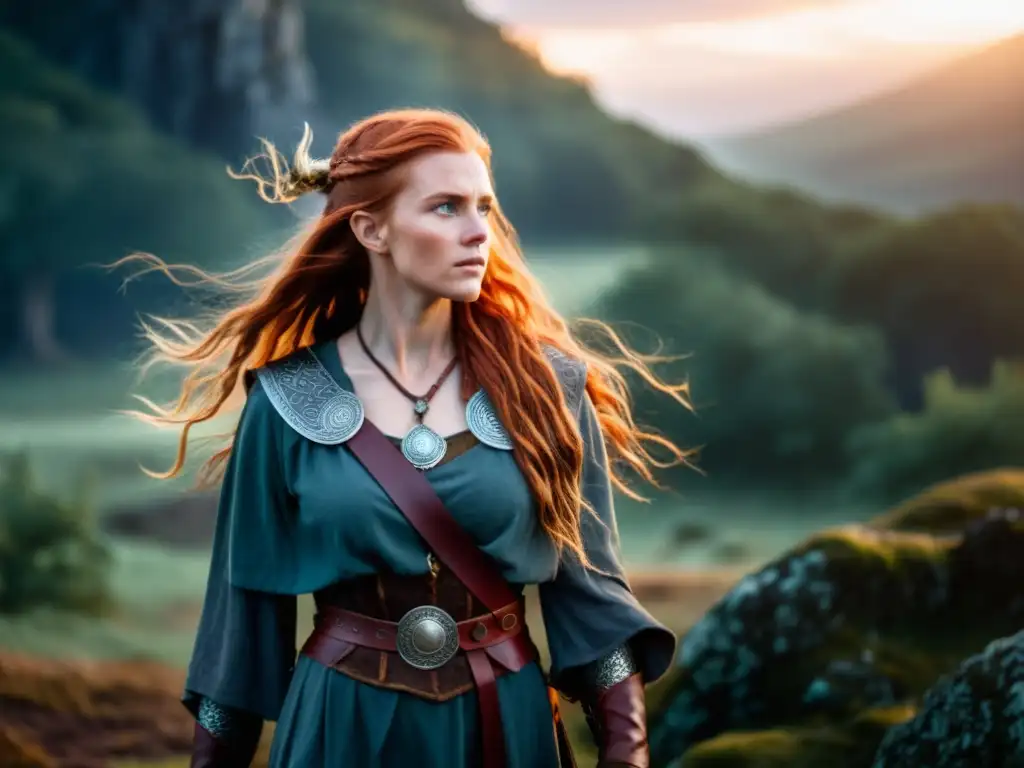 Sorcería vikinga: Gullveig en bosque místico al atardecer Una hechicera vikinga, Gullveig, en un bosque místico al anochecer, rodeada de energía mágica, transmitiendo poder y misterio
