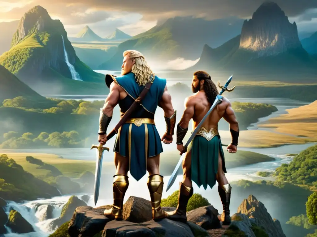 Épica ilustración de Sigurd y Hércules, héroes vikingos, mostrando valentía y fuerza en paisaje dramático