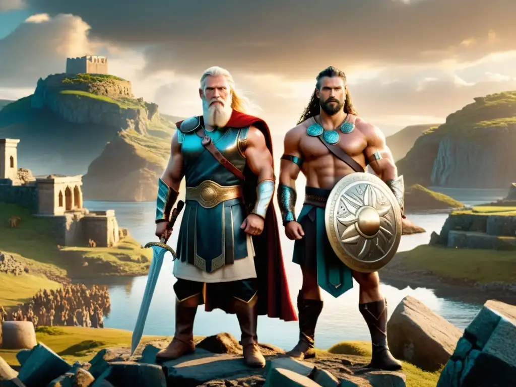 Comparación hazañas Sigurd Hércules Vikingos: Sigurd y Hércules, armados, en paisaje mítico