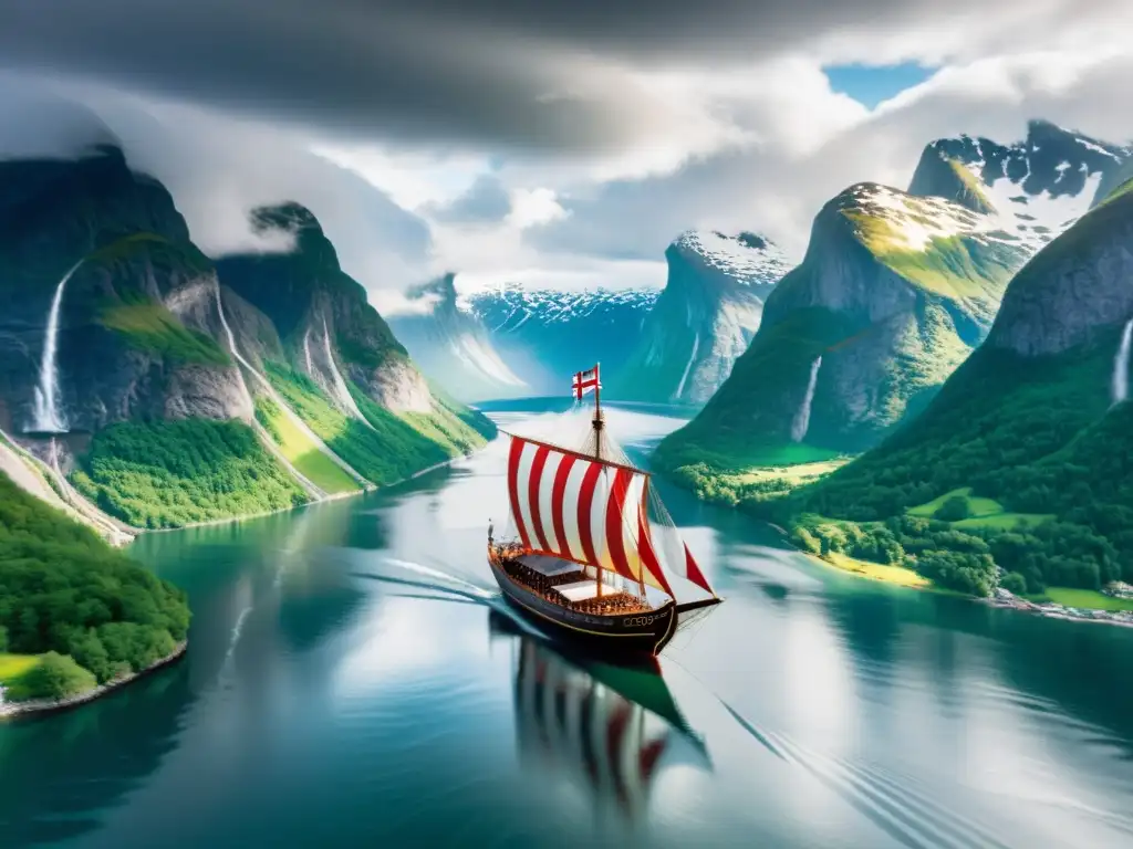 Herencia vikinga en Noruega: Un barco vikingo navega entre majestuosos fiordos, montañas nevadas y bosques verdes bajo un cielo tormentoso