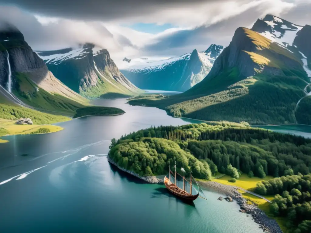 Explora la herencia vikinga en este paisaje nórdico con guerreros descargando un barco en la costa rocosa