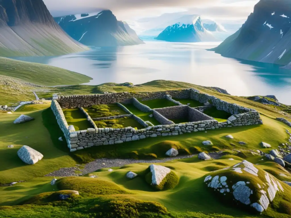 Ruinas Vikingas en Groenlandia: Misterio y Belleza Antigua Herencia vikinga preservada en Groenlandia: Ruinas antiguas con musgo y piedras detalladas en un paisaje remoto y misterioso