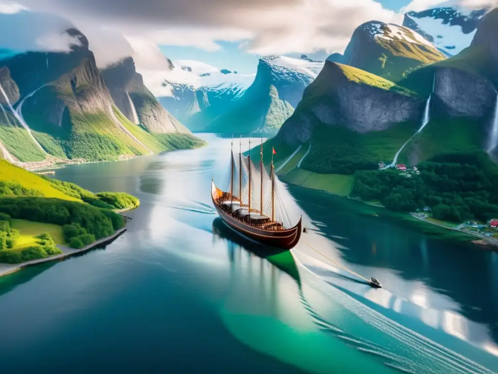 Herencia vikinga en Noruega: Vikingo navegando en un impresionante barco por los majestuosos fiordos noruegos con auroras boreales en el cielo