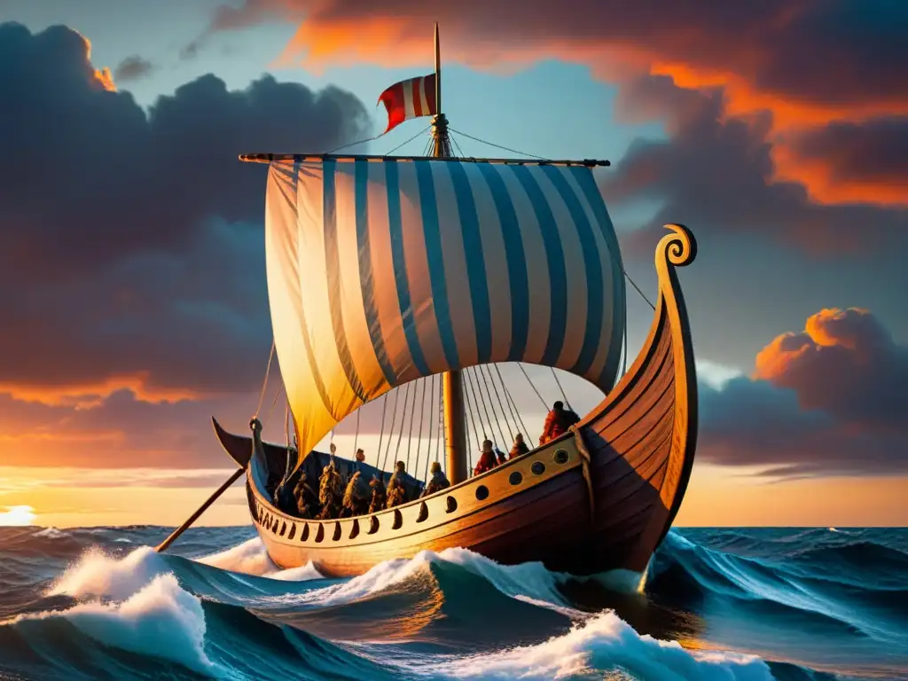Épica travesía vikinga bajo el atardecer Herencia vikinga en exploración marítima: Un drakkar vikingo navega en un mar vasto al atardecer, con guerreros vikingos a bordo