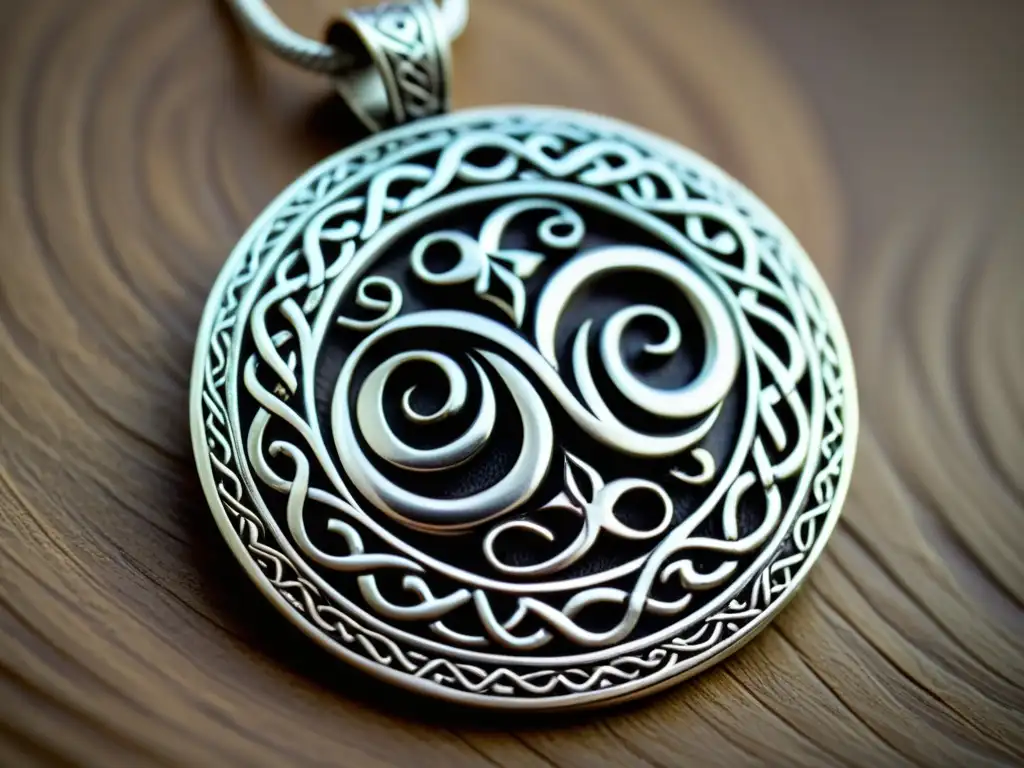 Una hermosa y detallada imagen de un colgante vikingo de plata representando un símbolo de fertilidad, con serpientes entrelazadas y filigranas