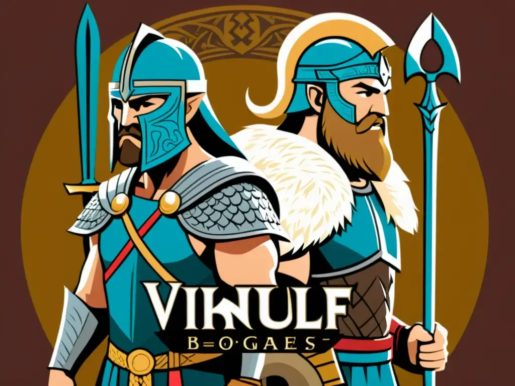 Dos héroes épicos, Beowulf y Gilgamesh, unidos en Vikingos, destacando fuerza y sabiduría en ilustración detallada