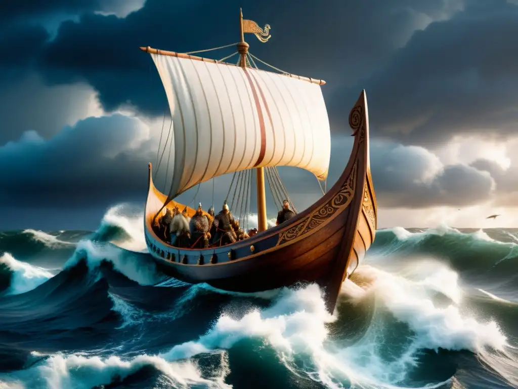 Vikingos Valientes Navegando en Tormenta Héroica expedición vikinga en un navío, desafiando tormentas y olas
