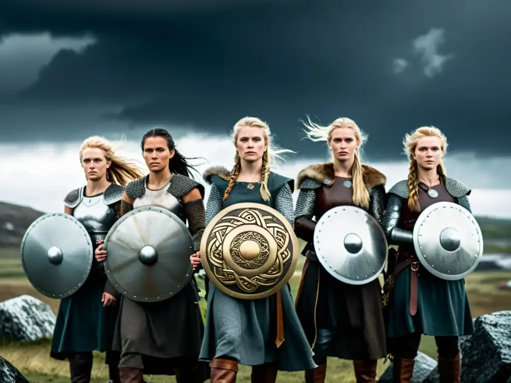 Heroínas poderosas de la literatura vikinga: guerreras vikingas con armaduras y espadas en paisaje nórdico dramático