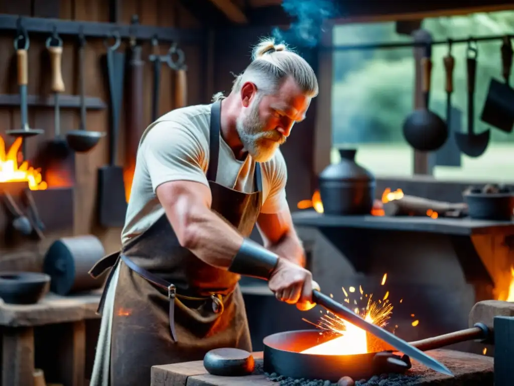 Un herrero forjando una Réplica arma vikinga elección en un yunque rodeado de brasas ardientes y herramientas, en una escena de artesanía hipnótica