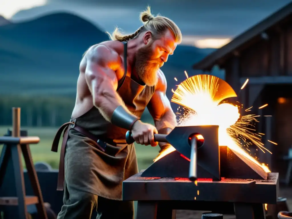 Un herrero forja arte vikingo con la imagen de Thor en una forja, rodeado de chispas y paisaje nórdico dramático