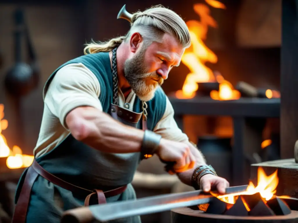 Un herrero forjando un brazalete vikingo de fuerza en un escenario nórdico tradicional, rodeado de herramientas antiguas y llamas rugientes