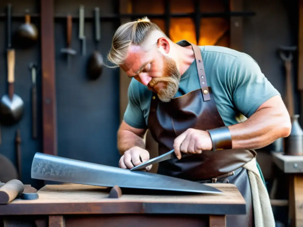 Un herrero contemporáneo forja una réplica de una armadura vikinga con técnicas tradicionales, rodeado de herramientas y materiales de metal y cuero