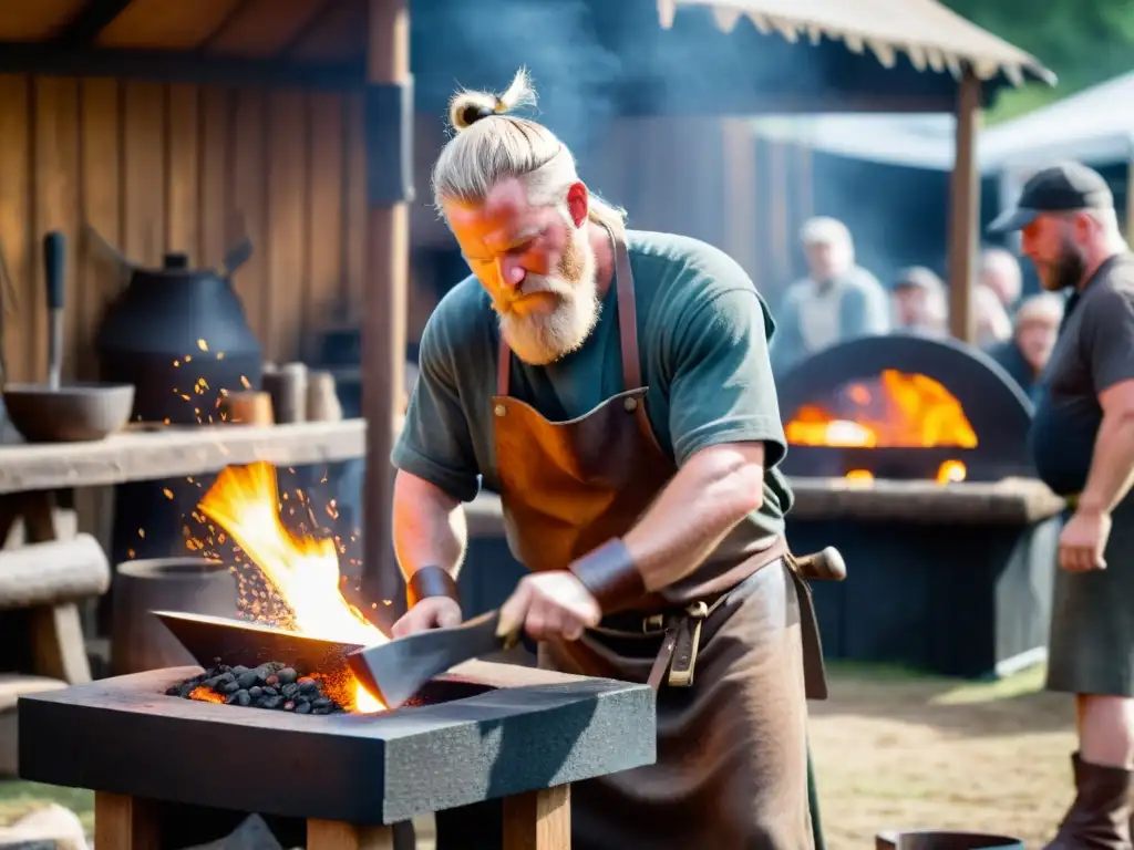 Un herrero en una demostración de forja vikinga, con sudor en la frente, martilleando metal al rojo vivo en un yunque