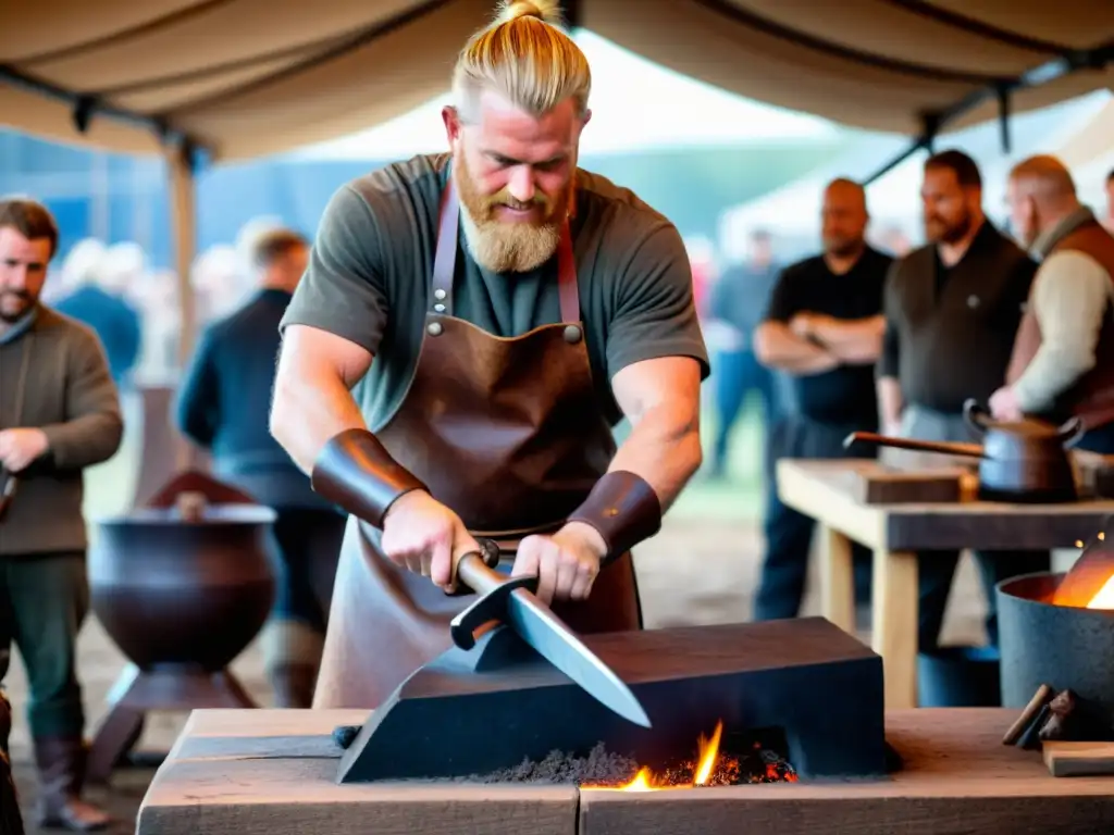 Un herrero en una demostración en vivo de forja vikinga, rodeado de espectadores mientras forja una arma tradicional vikinga