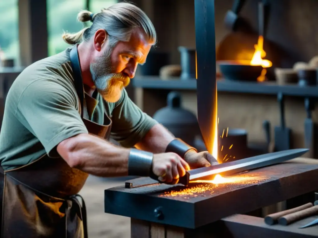 Un herrero forja con destreza una réplica de espada vikinga en su taller, iluminado por la intensa luz de la fragua