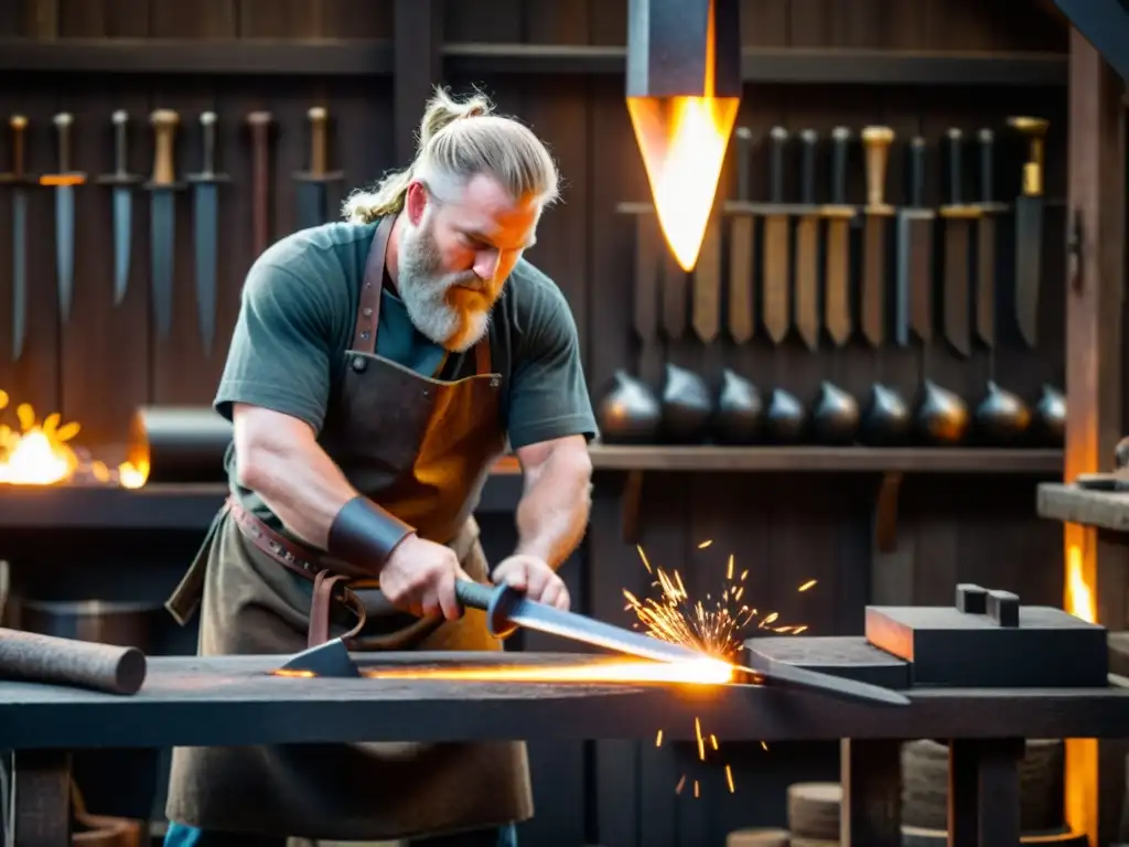 Un herrero forja con detalle una réplica de espada vikinga en un taller rústico