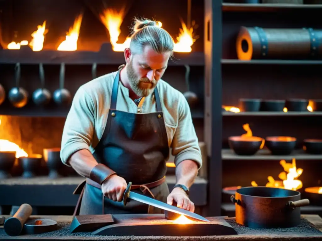 Un herrero forja una espada vikinga decorativa rodeado de herramientas antiguas y brasas, en su taller