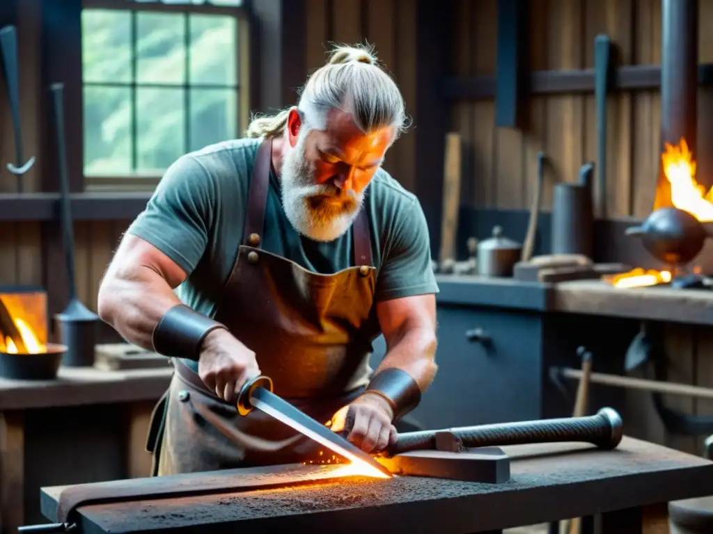 Un herrero forja una espada vikinga en su taller, iluminado por el fuego