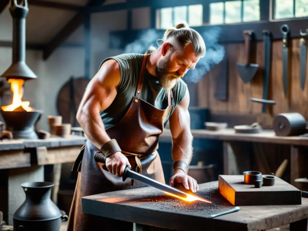 Un herrero forja una espada vikinga en un taller rústico iluminado por la luz solar, mostrando todo el proceso de creación